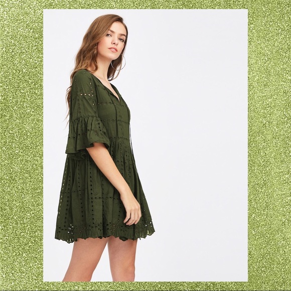 🍭ARMY GREEN EYELET EMBROIDERED DRESS🍭 - Picture 2 of 7
